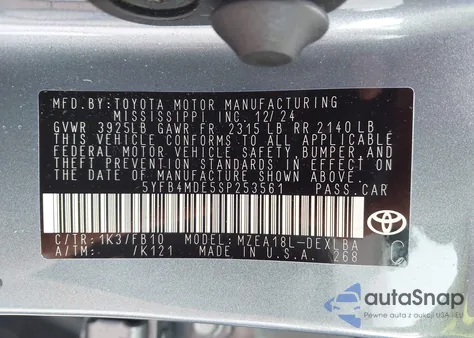 2025 Toyota Corolla Le from USA, damaged, VIN 5YFB4MDE5SP253561